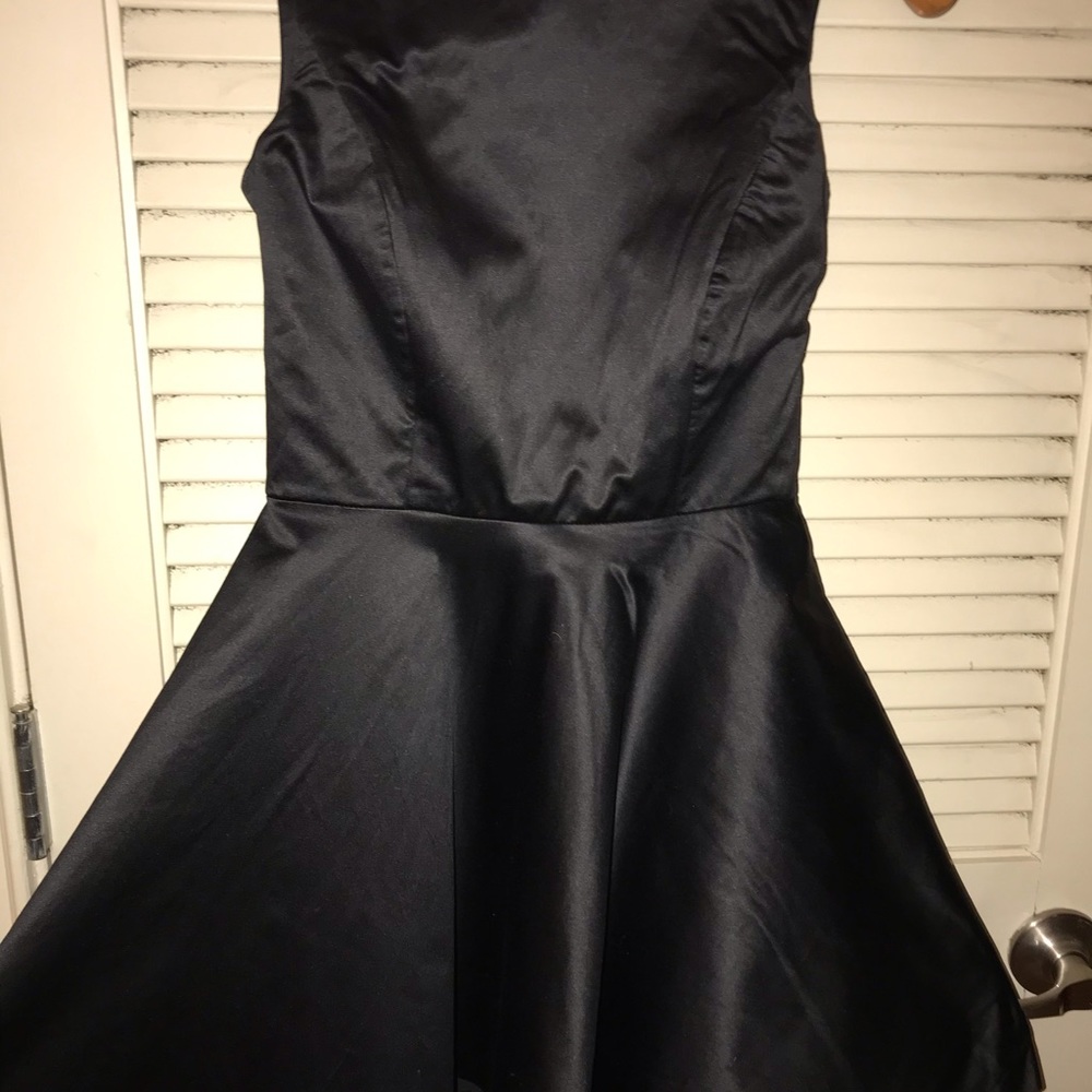 Black Bebe satin a line skater style dress.